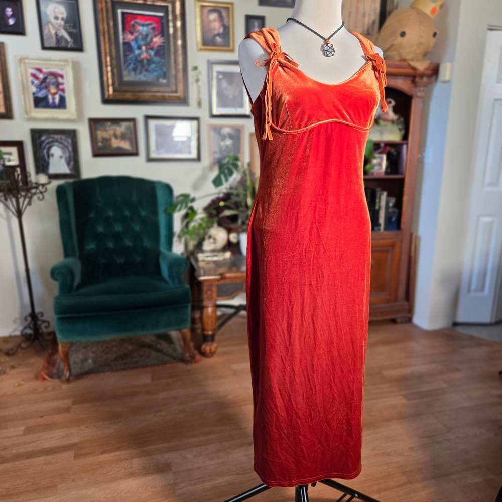 Cider Burnt Orange Velvet Tie Shoulder Empire Waist Slip Midi Dress Large